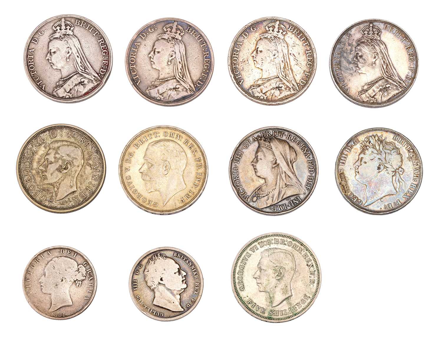 Assorted British Crowns and Halfcrowns; 11 coins comprising; (9x) crowns, George IV, 1821 Secundo,