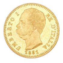 Italy, 20 lire 1891, (.900 gold, 21.5mm, 6.45g), obv. Umberto I facing left, rev. Savoia crowned