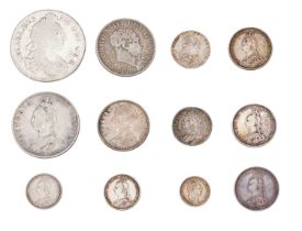 Mixed English Silver Coinage, 12 coins comprising; William III, Crown 1696, ex-mount Fair; George