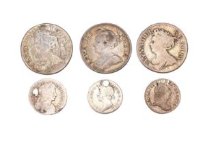 3x Queen Anne Shillings, comprising: 1709, (S.3610) Fine; 1711, (S.3618) NF, and 1711, heavily
