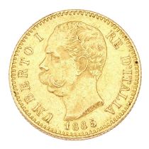 Italy, 20 lire 1885, (.900 gold, 21.5mm, 6.44g), obv. Umberto I facing left, rev. Savoia crowned