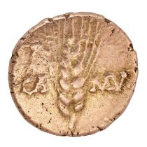 Celtic Gold Stater, Trinovantes and Catuvellauni, Cunobelin ‘plastic’ type, circa 8-41AD; obv.