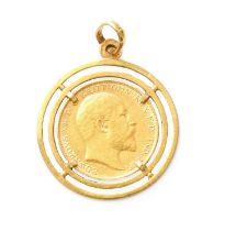 A Half Sovereign Pendant, dated 1910, length 3.6cm Mount hallmarked 9 carat gold. Gross weight 6.2