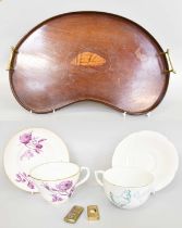 An Edwardian Mahogany Kidney Shaped Serving Tray, inlaid with shell patera; two large breakfast cups