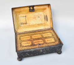 A 19th Century Toleware Spice Box, of sarcophagus form and raised on ball feet, opening to reveal an