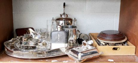 A Quantity of Silver Plated Items, including an oval gallery tray, kettle on stand with lamp,