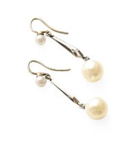 A Pair of Cultured Pearl Drop Earrings, with hook fittings, length 3.7cm Unmarked, in our opinion