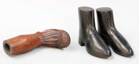 A Pair of 19th Century Coal/Whitby Jet Miniature Model Boots, together with a novelty cane topper