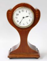 An Edwardian Inlaid Mahogany Mantel Timepiece Clock is running, sold with key, adjuster working,