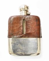 A George V Silver Mounted Glass Hip Flask, with crocodile skin shoulders, hallmarks for Sheffield