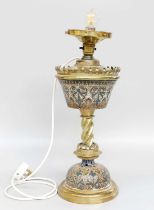 A Victorian Brass Mounted Doulton Lambeth Oil Lamp, converted to electricity, 35cm to the top of the