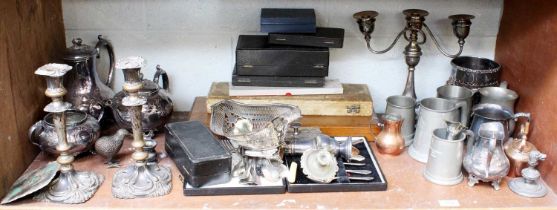 A Quantity of Silver Plate and Pewter, including antler handled carving set, candlesticks and