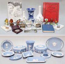 Beswick Birds, Wedgwood blue Jasperware, silver napkin rings, Masonic medals, etc. (two trays)