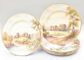 A Set of Six Royal Worcester Porcelain Plates, with titled views of castles under simple gilt bands,