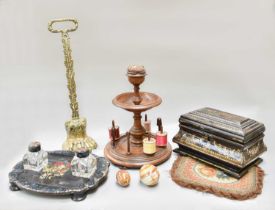 A Victorian Ebonised Papier Mache Tea Caddy, inlaid with mother of pearl and gilded, painted to