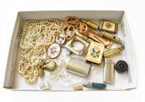 Various Matchbox Holders, vesta cases, cigarette lighters, whistle, costume jewellery, pin cushion