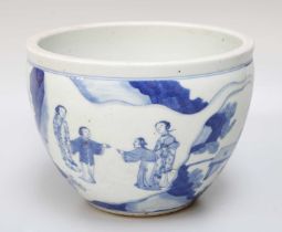 A Chinese Porcelain Jardiniere, Kangxi style, painted in underglaze blue with a continuing landscape