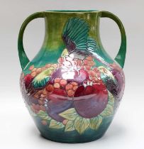 A Modern Moorcroft Large Twin-Handled Pottery Vase, "Finches on Green", by Sally Tuffin, impressed