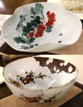 A Large Japanese Porcelain Bowl, Showa period, of trefoil form, naturalistically painted with floral