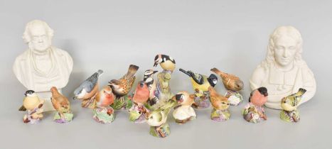 Fourteen Royal Worcester Birds, and two parian busts, Robinson and Leadbeater, William Makepeace
