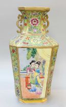 A Chinese Porcelain Canted Square Vase, Yongzheng mark but modern, with chilong handles, green