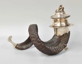 A Rams Horn Snuff Mull, with silver plated mounts, the knop formed as a horse vaulting a fence, 36cm