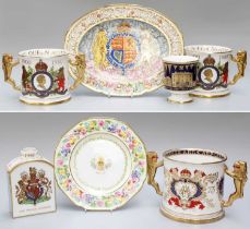 A Group of Paragon, Coalport and Minton Commemorative China, including three loving cups, a dish,