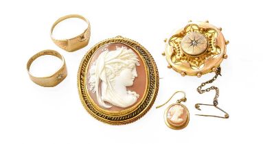 Two 9 Carat Gold Signet Rings, finger sizes S and X (a.f.); A Victorian Diamond Brooch; A Cameo