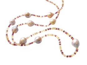 A Ruby, Citrine and Cultured Pearl Necklace, smooth ruby and faceted citrine roundel beads spaced by