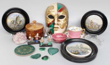 A Ruskin Porcelain Small Bowl, together with four heart shaped medallions and other collectables