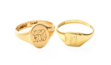 Two 18 Carat Gold Signet Rings, finger size O and Q (approximately, both out of shape) Gross