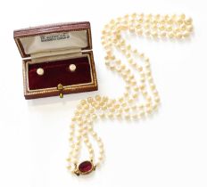 A Double Row Graduated Cultured Pearl Necklace, knotted and leading to a pink stone clasp, length