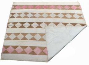 Circa 1890 Durham Strippy Quilt incorporating brown floral sprigged stripes with pink cotton diamond