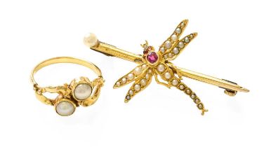 A Synthetic Ruby and Split Pearl Dragonfly Brooch, the dragonfly motif set throughout with synthetic