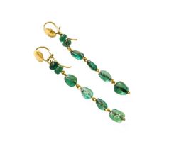 A Pair of Emerald Drop Earrings, a yellow plain polished circular plaque supsends six vari-shaped