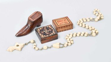 A Mahogany Snuff Boot, two small Tunbridgeware boxes and a bone rosary with Stanhope cross