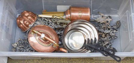 A Set of Graduating Copper Pans, kettle, jelly mould, stands, etc