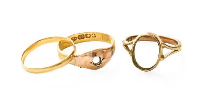 A 22 Carat Gold Band Ring, finger size O; A 22 Carat Gold Vacant Ring Mount, finger size P; and