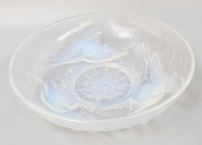 Ezan Art Deco Opalescent Glass Bowl, moulded with finches, signed, 25cm diameter, together with a