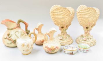 A Collection of Royal Worcester Blush Porcelain, including a pair of shell and coral formed vases,