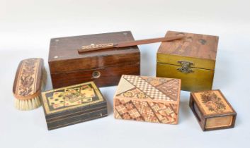 Tunbridgeware Games Box, parquetry puzzle box, Tunbridge paper knife, Regency playing card box etc