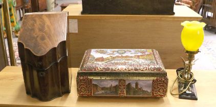 A George III Mahogany Serpentine Knife Box (altered), together with an Otto Schmidt biscuit tin