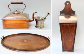 A Victorian Large Square Formed Copper Kettle, together with a bronze pestle and mortar, a