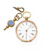 A Lady's 14 carat Gold Fob Watch, case stamped 14k, together with a Watch Key (2) Inner dust cover