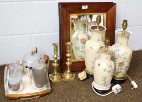 Two 19th Century Rosewood Frames, a piquot ware teaset, three lamps, two brass candlesticks (qty)