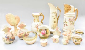 A Collection of Royal Worcester Blush Porcelain, including a mask jug, a coral and shell form