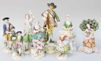 A Collection of 19th century Continental Porcelian Figures, including a Chelsea style bag piper,