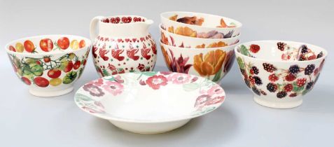 Emma Bridgewater Pottery, five bowls, various patterns including "Flowers" and "Vegetable Garden", a