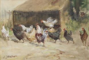 John Falconer Slater (1857-1937) Chickens Signed, watercolour heightened with white, 26cm by 37cm