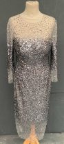 Monique Lhuillier Silver Sequin Ombre Illusion Dress, with three quarter length sleeves, internal